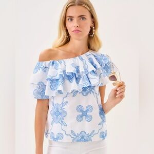 Lilly Pulitzer Trixie One Shoulder Ruffle Top - Sunwashed Blue Al Fresco Dot - S